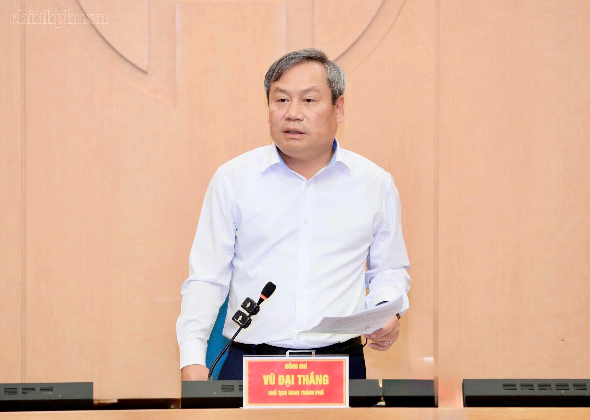 Chủ tịch UBND thành phố Hà Nội Vũ Đại Thắng phát biểu tại cuộc họp.