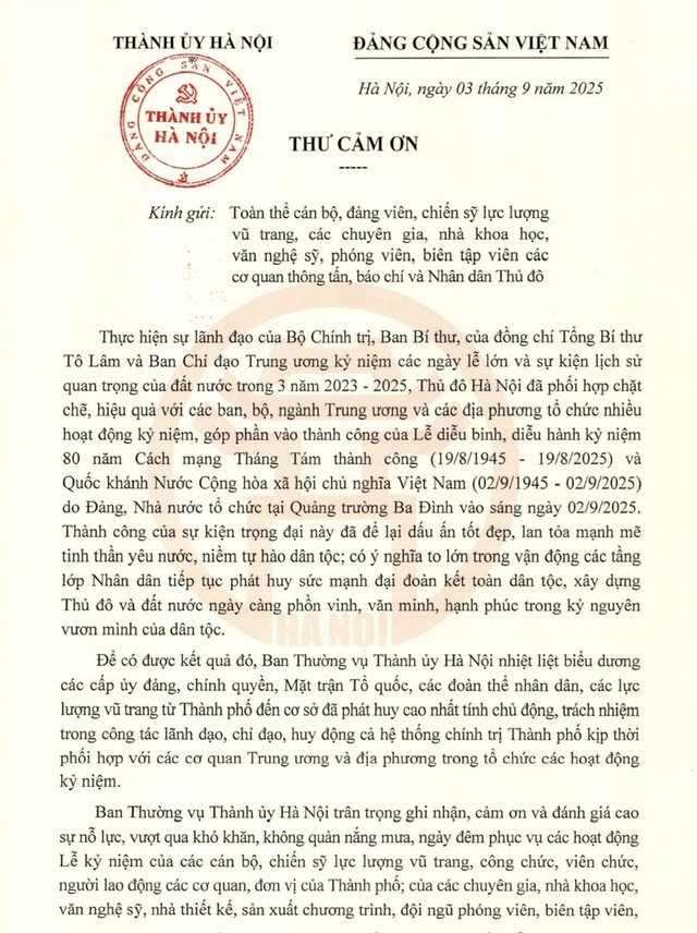 Bí thư Thành ủy Hà Nội gửi Thư cảm ơn Nhân dân Thủ đô và các lực lượng vũ trang- Ảnh 1. Bí thư Thành ủy Hà Nội gửi Thư cảm ơn Nhân dân Thủ đô và các lực lượng vũ trang- Ảnh 1.